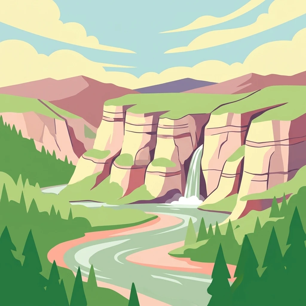 A flat-style digital illustration showing a winding river flowing past steep rock cliffs with a waterfall, surrounded by evergreen trees under a light blue sky.