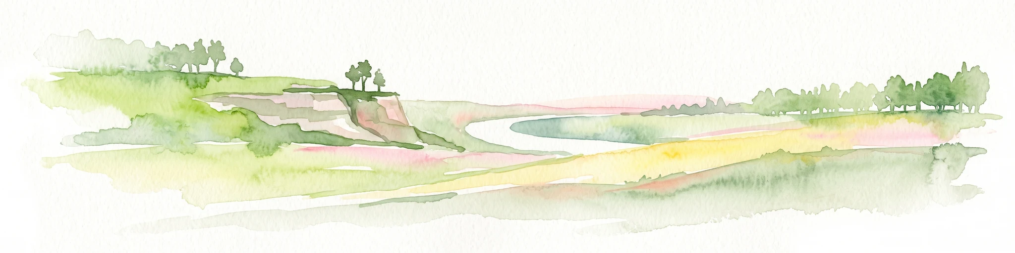 A soft watercolor painting showing a green landscape with a winding river and a prominent cliff face on the left, set against a white background.