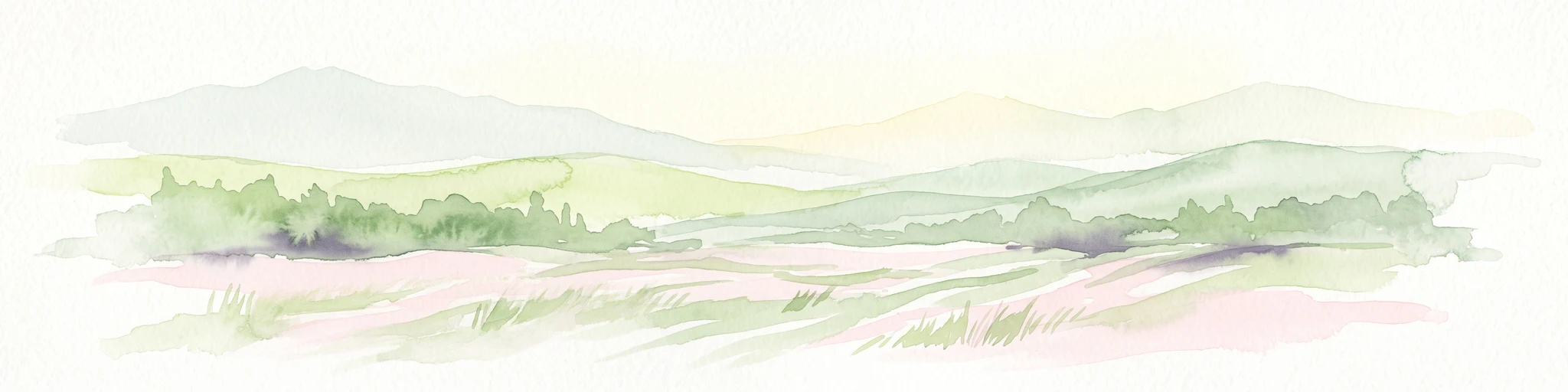 A soft watercolor illustration depicting a serene, rolling landscape with open fields, low hills in the distance, and light greenery against a pale, warm-toned sky.
