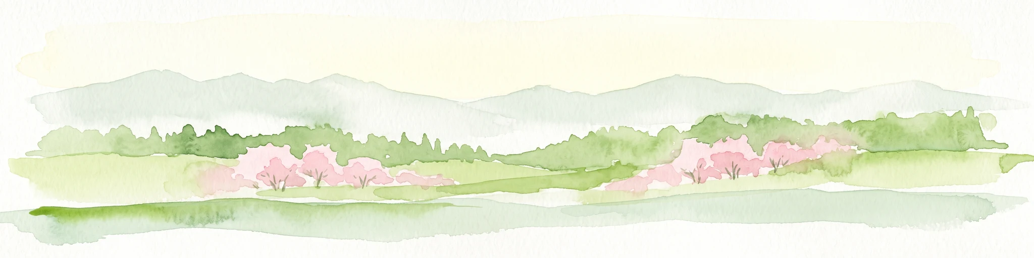 Watercolor painting of a pastoral landscape with light green hills in the distance, a field with flowering pink trees, and a pale green meadow in the foreground.