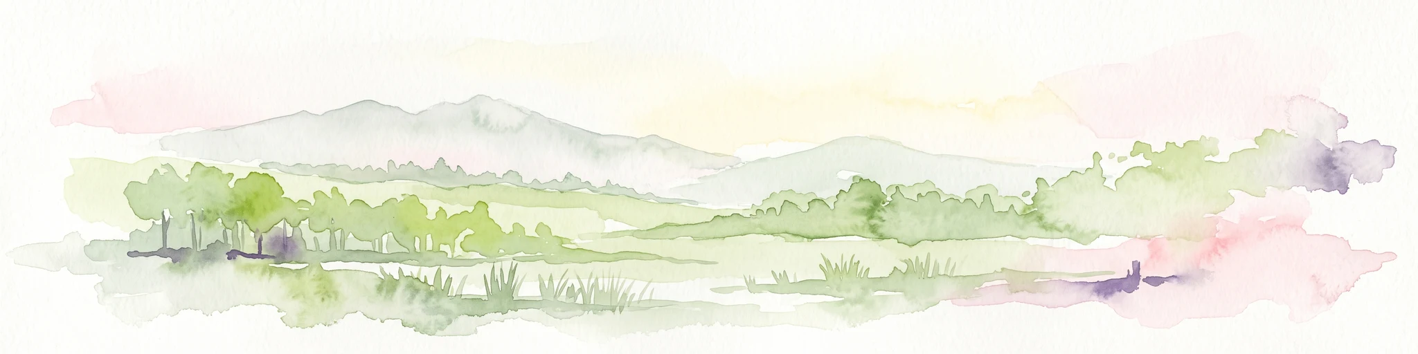 A soft watercolor painting of a rolling landscape with green trees and hills in the background on a white background.