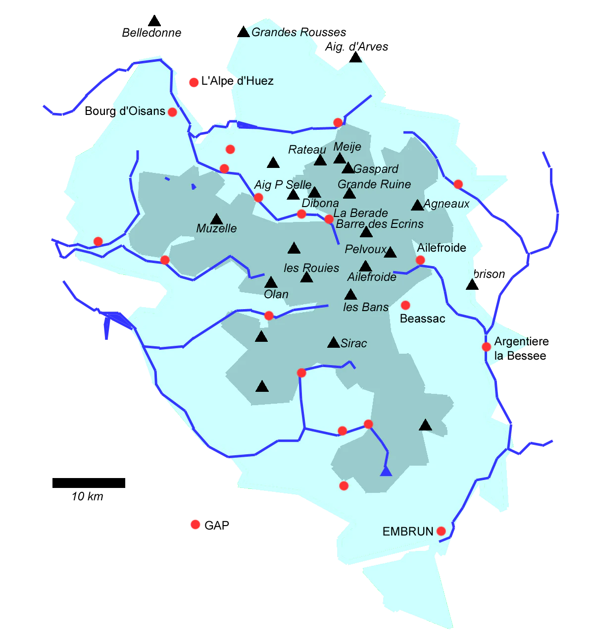 Map of Écrins National Park with labeled mountain peaks, towns, and blue trail routes on a dark background