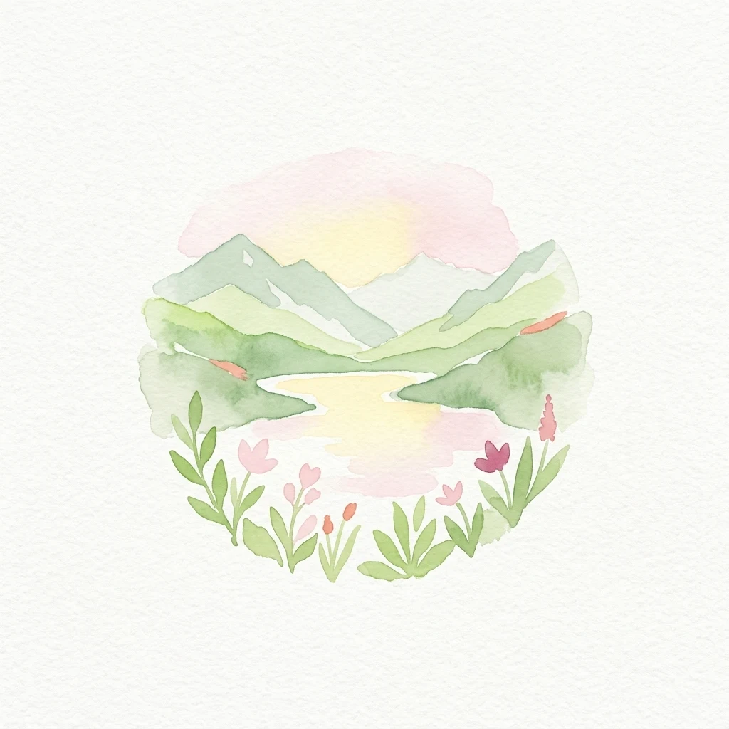 Ilustración acuarela de picos montañosos, un lago y flores silvestres