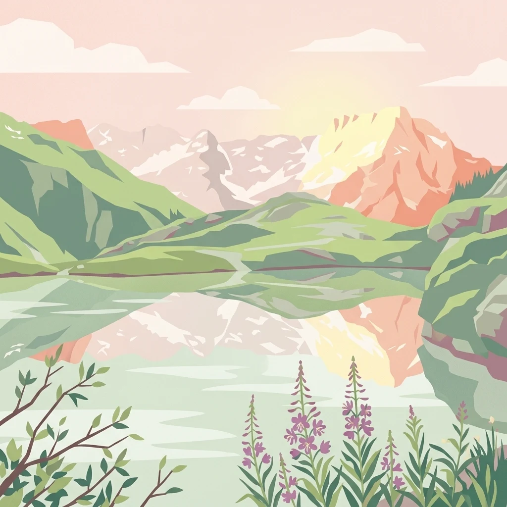 Ilustración estilizada de un paisaje montañoso con un lago que refleja picos, colinas verdes, flores moradas en primer plano y cielo rosa