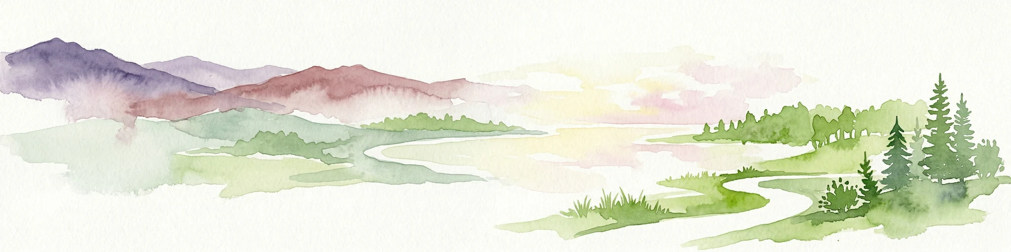 Ilustración en acuarela que muestra montañas, un río sinuoso y pinos en un paisaje