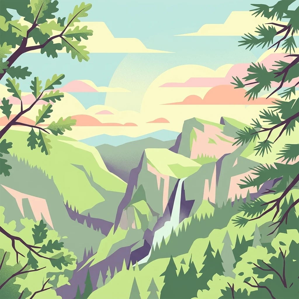 Una ilustración plana estilizada que muestra un valle de montaña con una cascada en el centro, enmarcado por ramas de árboles silueteadas a ambos lados contra un cielo de atardecer pastel.