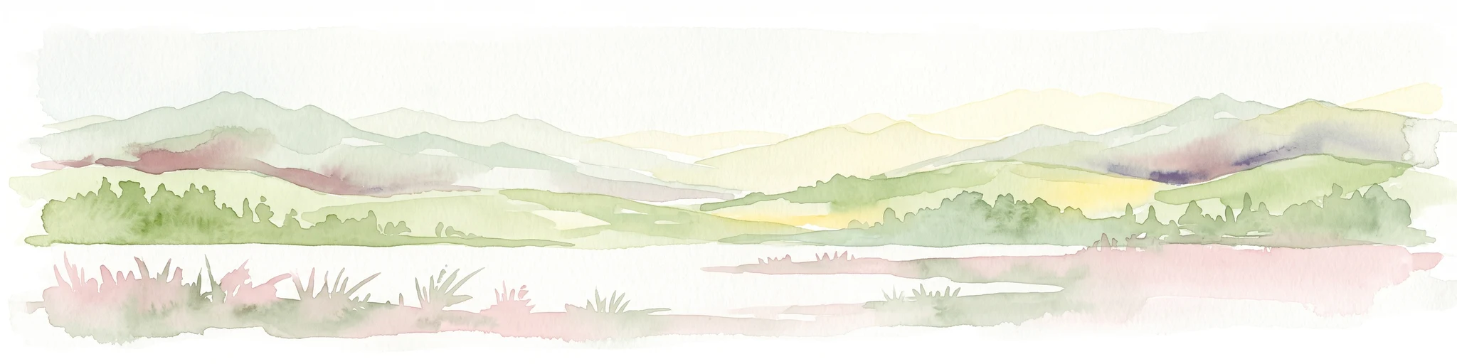 A soft watercolor illustration depicting a landscape of rolling hills and mountain silhouettes in shades of green, yellow, and faint red against a white background.
