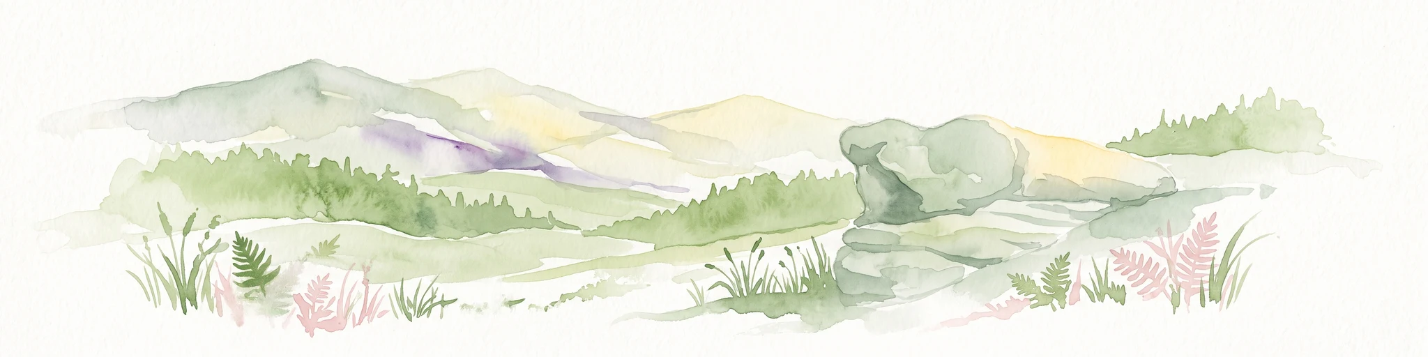 A soft watercolor illustration featuring distinctive sandstone rock formations in the foreground with rolling hills and a forested landscape in the distance.
