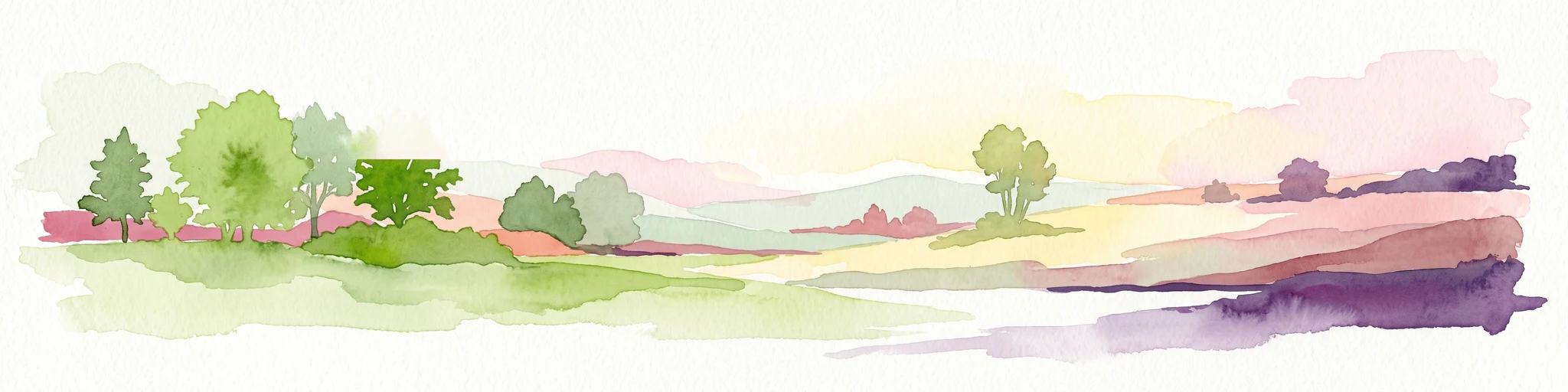 A watercolor painting showing a soft, pastoral landscape with green trees, rolling hills, and purple-toned wetland areas against a white background.