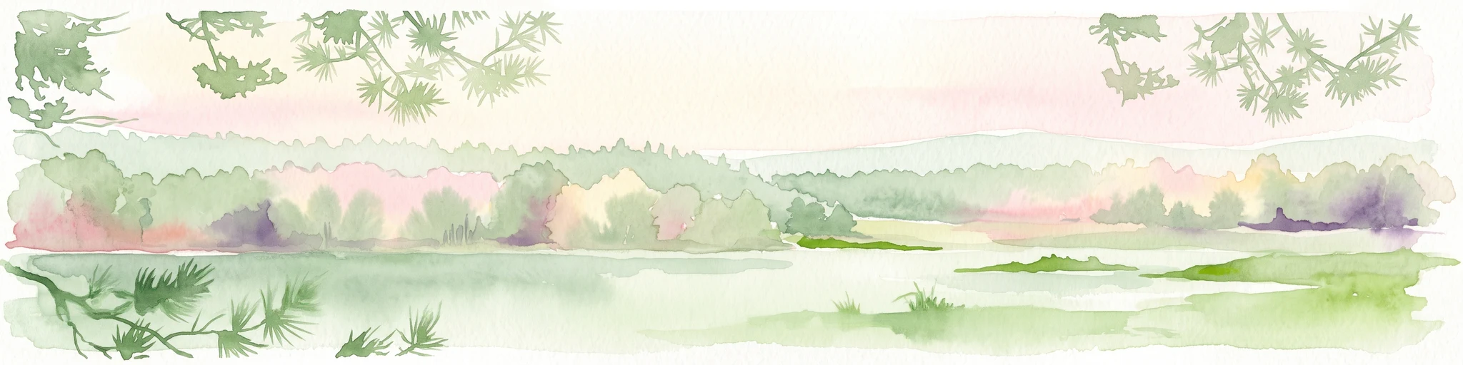 A horizontal watercolor painting showing a calm lake with marshy shores, distant tree lines, and pine branches framing the top and bottom corners, rendered in soft pastel greens and pinks.