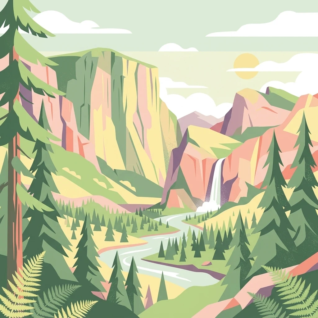A flat style digital illustration of a mountain valley with a waterfall, a winding river, and coniferous forest under a pale sun.
