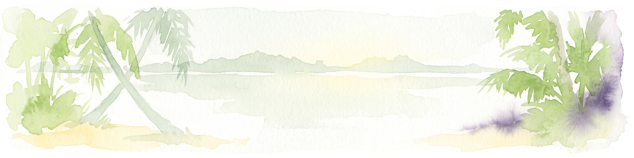 Watercolor illustration of a tropical lagoon scene with palm trees on the banks, calm water, and a distant, hazy shoreline.