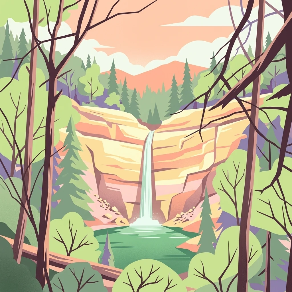A digital illustration showing a vertical waterfall plunging over light colored rock cliffs into a pool surrounded by dense forest, viewed through the branches of foreground trees.