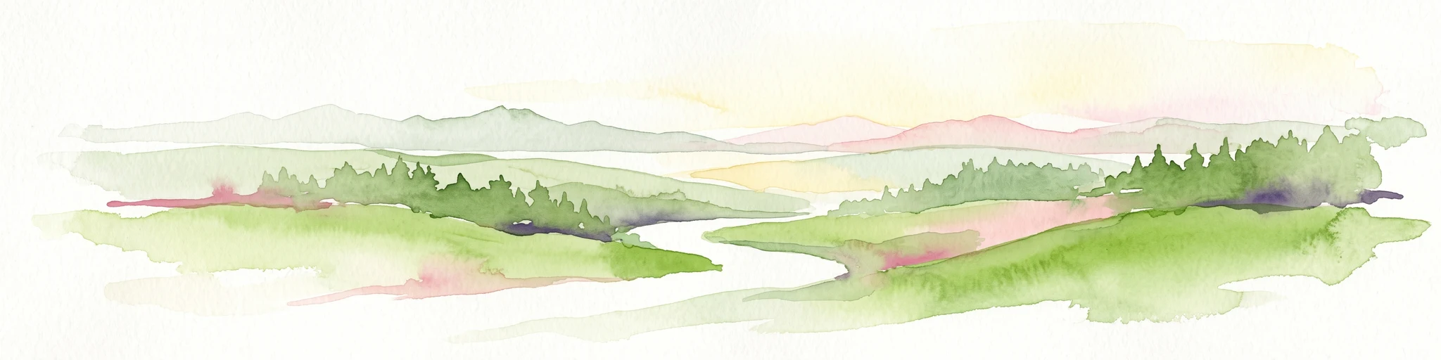 A watercolor painting showing a soft, stylized landscape of green hills, a winding stream, and coniferous forest sections under a pale sky.