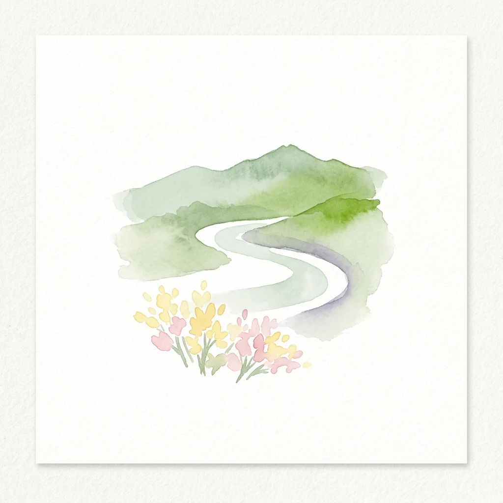 Watercolor painting of a winding road through green mountains and pink yellow wildflowers