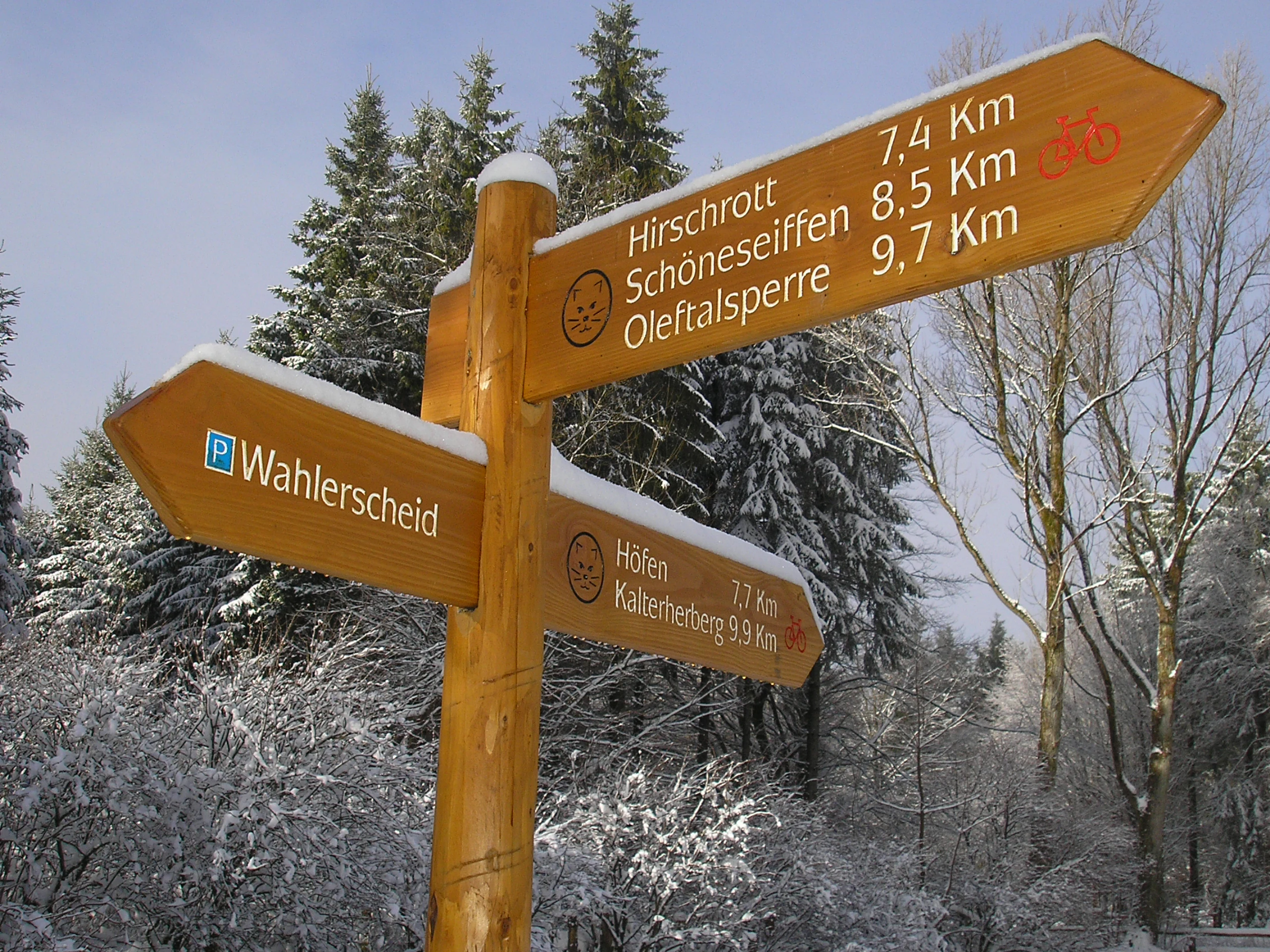 Wooden signpost with directional arrows displaying distances to Wahlerscheid, Hirschott, Schneeseiffen, and Oiefalsperre, set against a snowy forest with evergreen and bare trees