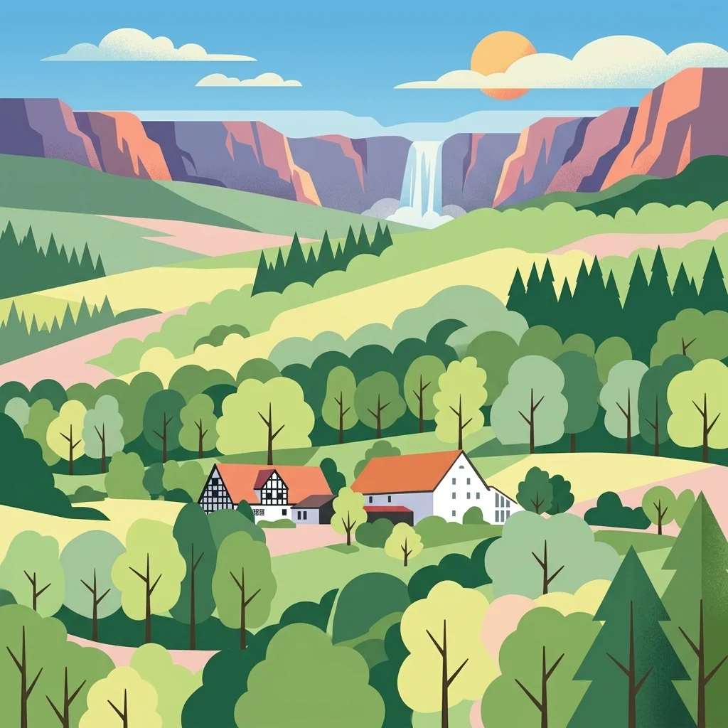 Digital vector-style illustration of a valley landscape with traditional half-timbered houses in the foreground, rolling green hills and forests in the midground, and cliffs with a cascading waterfall in the background under a sunny sky.