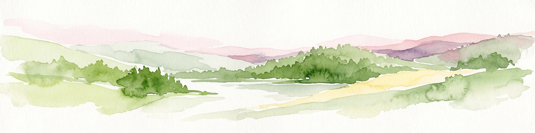 Una ilustración horizontal en acuarela que representa colinas verdes onduladas, parches de bosque y laderas distantes de tonos púrpura bajo un cielo pálido.