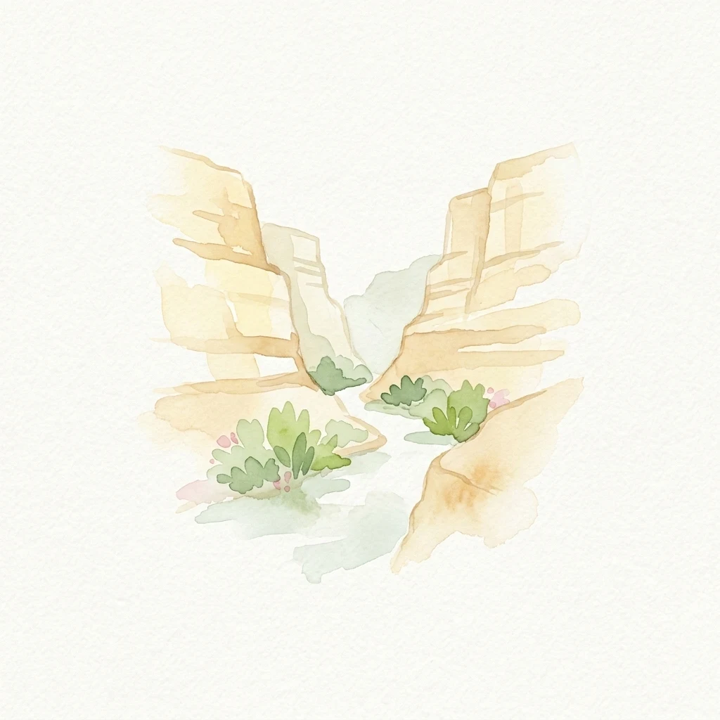 Ilustración en acuarela de un cañón con paredes de roca, vegetación verde y un pequeño arroyo