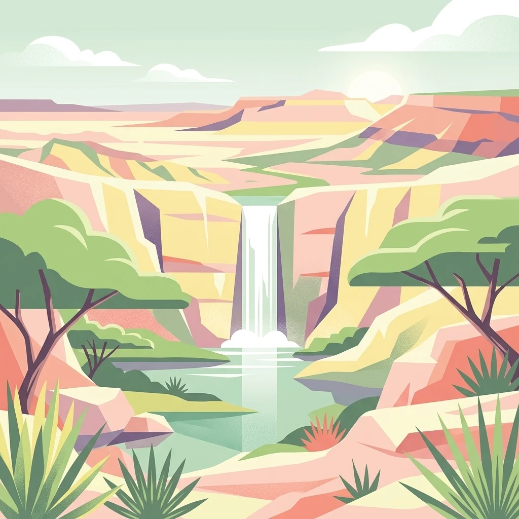 Stylized illustration of a canyon with a waterfall, green trees, and rocky cliffs under a sunny sky