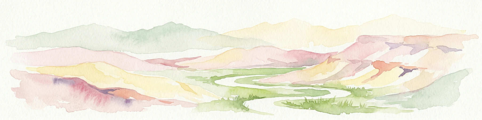 Watercolor illustration of a canyon with winding river, mountains, and rolling hills