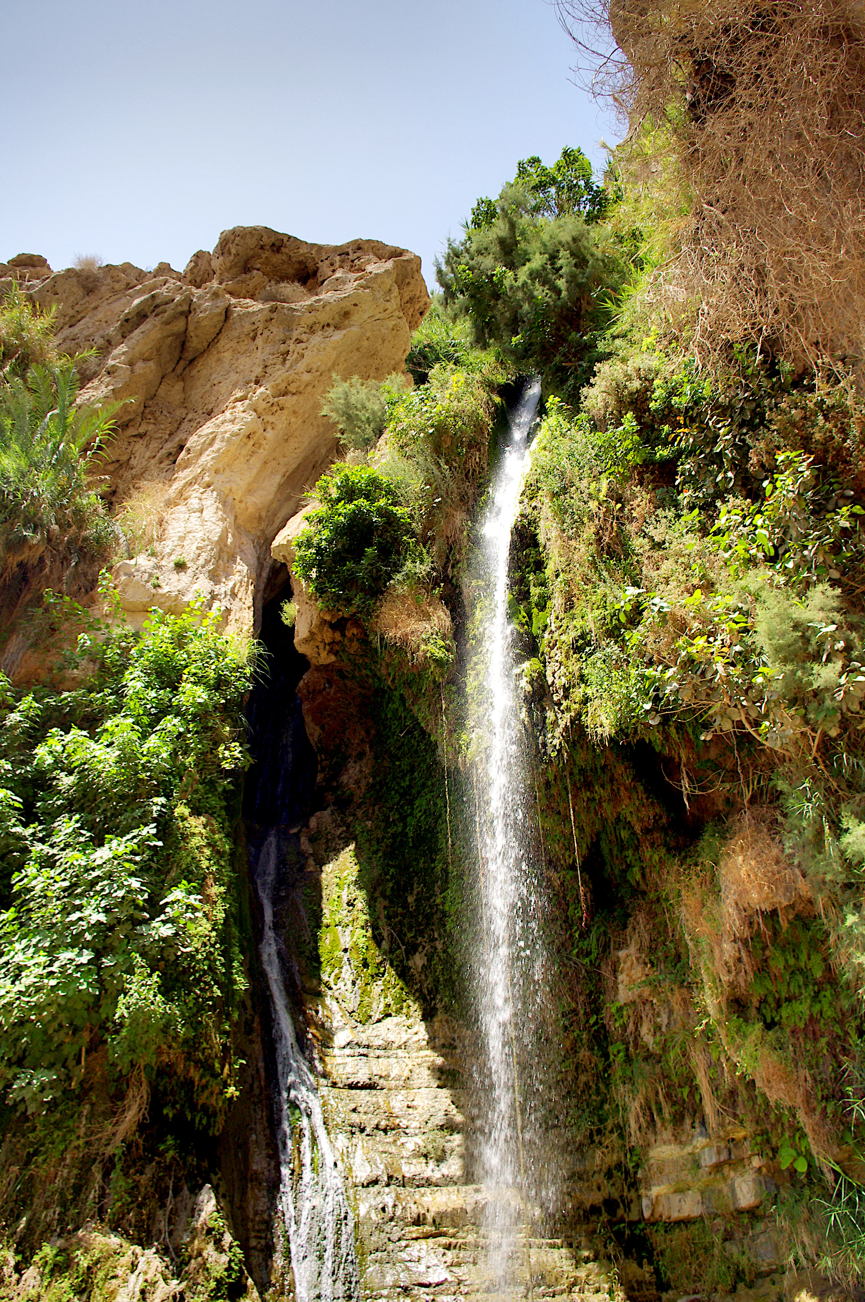 A tall waterfall cascading down rocky cliffs surrounded by dense green vegetation under a clear blue sky