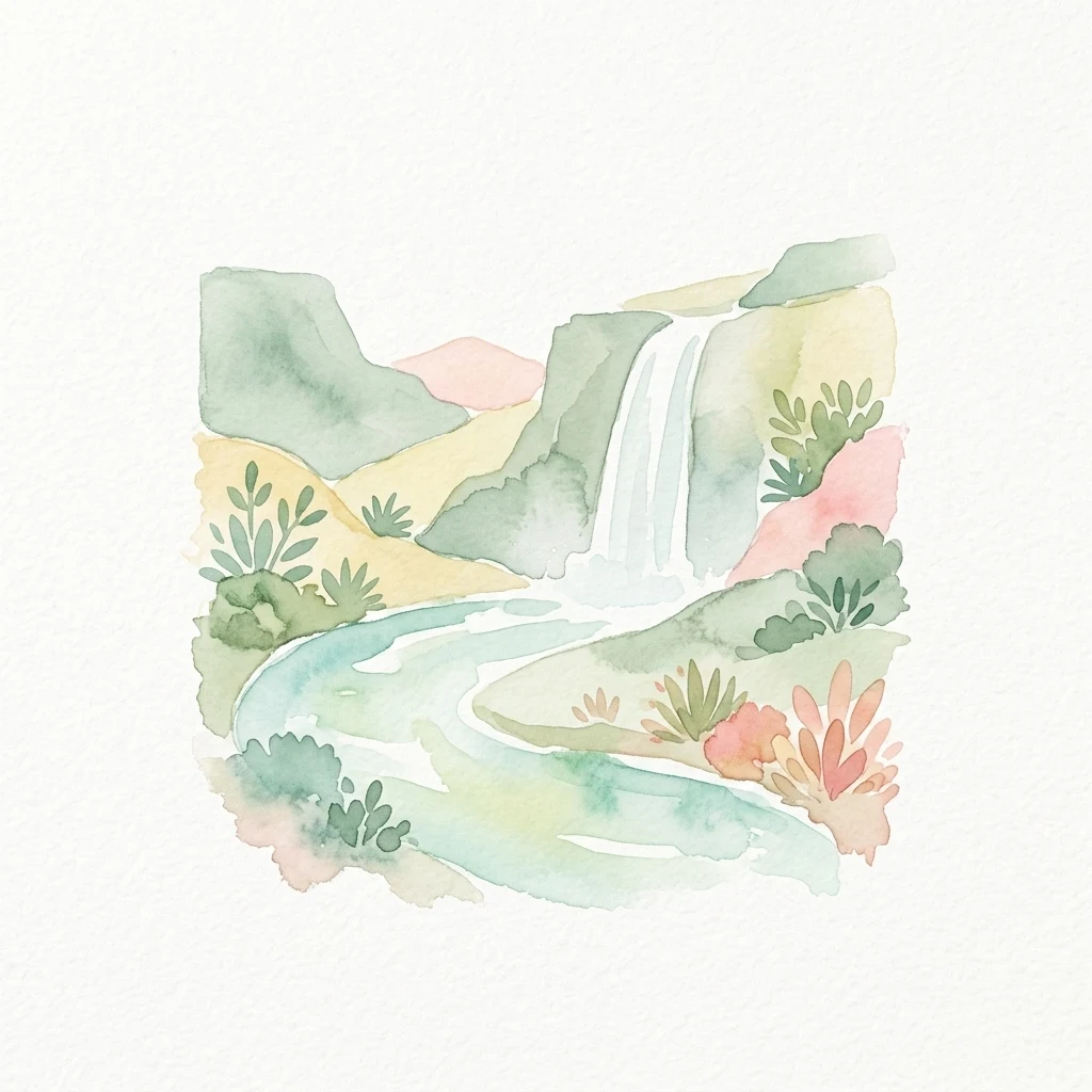 Watercolor painting of a waterfall flowing into a stream with desert plants and rocky terrain