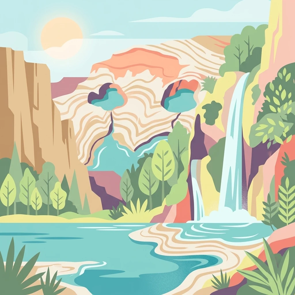 Illustration showing a waterfall flowing into a lake surrounded by cliffs and vegetation in a desert landscape