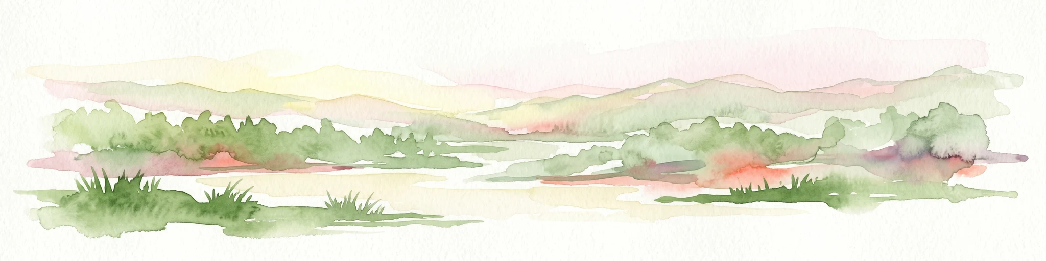 Watercolor illustration of a landscape with green vegetation, a river, and distant hills under a pale sky