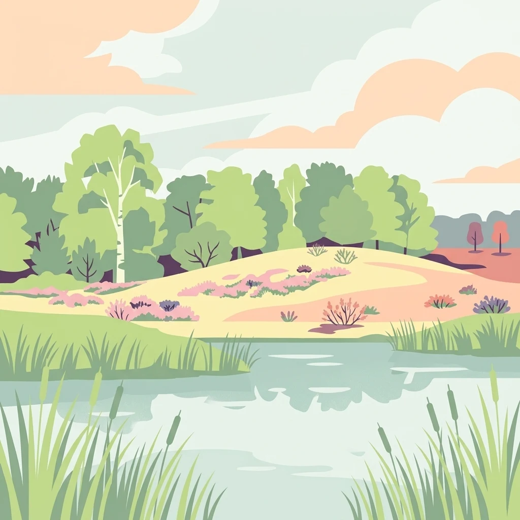 Una ilustración digital de estilo plano que representa un estanque tranquilo con hierbas altas en primer plano, que conducen a un brezal arenoso con arbustos dispersos, árboles y una línea de árboles distante bajo un cielo pastel suave.