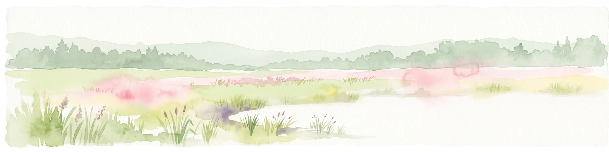 Una pintura horizontal en acuarela que representa un paisaje de enfoque suave con un estanque en primer plano, vegetación de brezo rosa y verde, y líneas de árboles distantes bajo un cielo pálido.