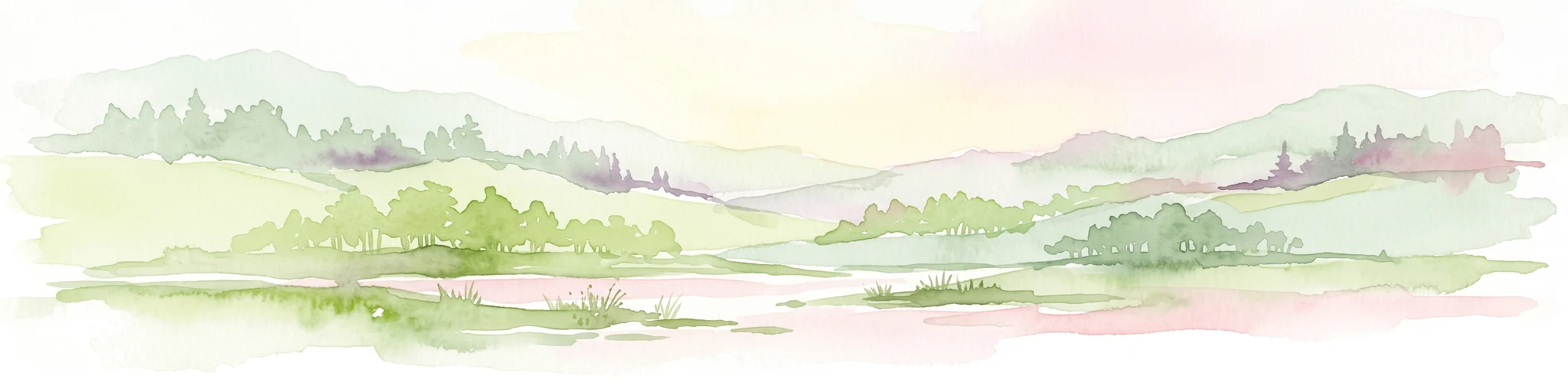 A watercolor painting depicting a soft-focus, light-colored landscape of rolling green hills, clustered trees, and a gentle stream valley.