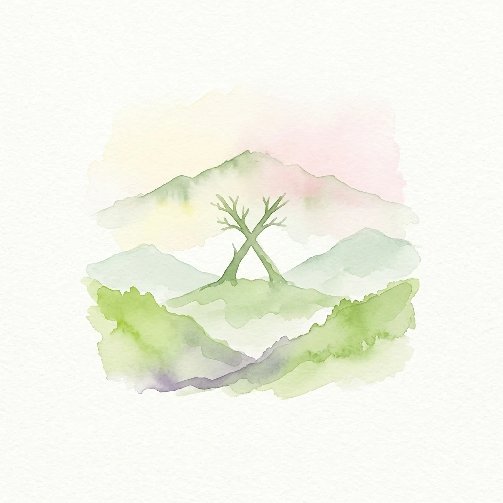 Watercolor painting of green mountains and a tree against a pastel sky
