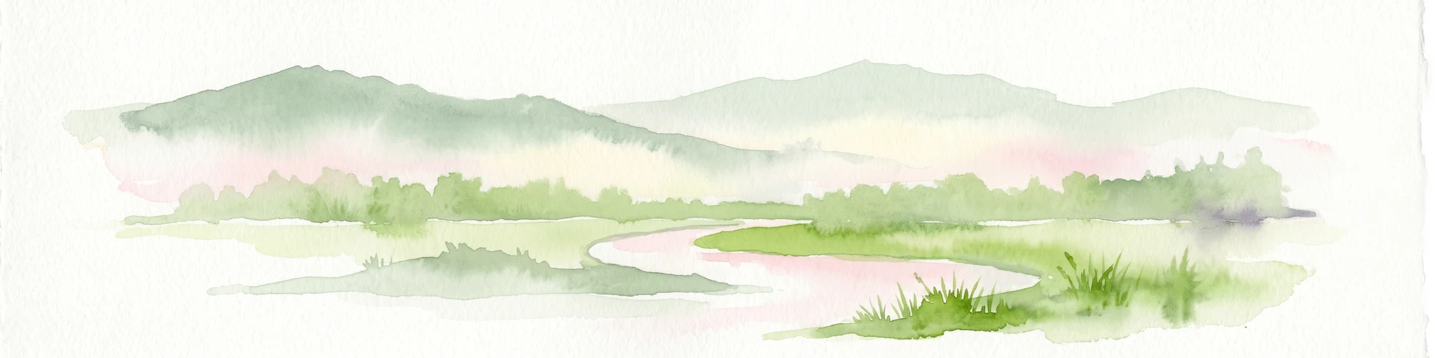Watercolor painting showing a winding river flowing through a landscape with rolling hills in the background