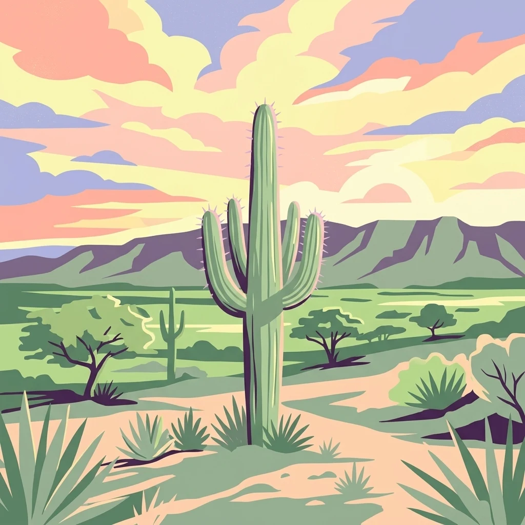 A digital illustration of a desert scene with a tall cactus in the center, sparse vegetation, and mountains under a colorful pastel sky.
