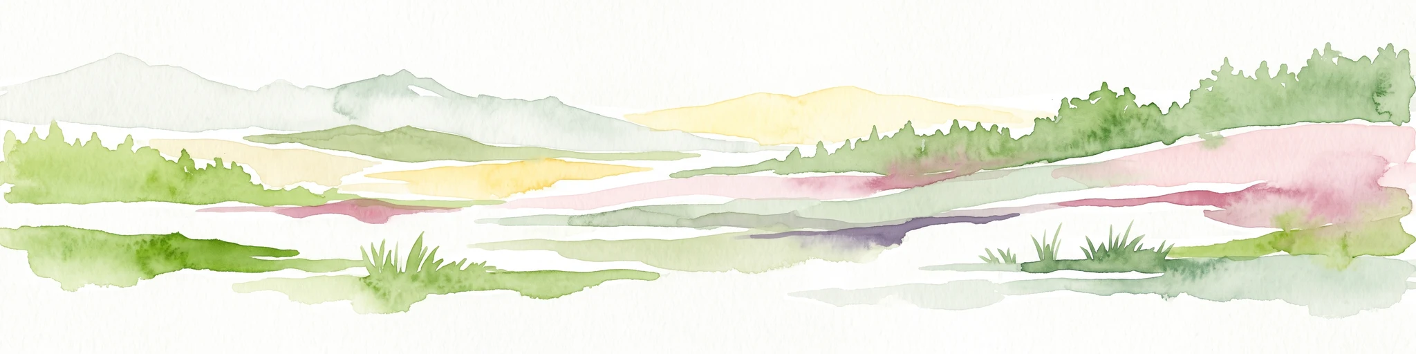 A watercolor painting of a simplified, abstract landscape with rolling hills in shades of green, yellow, and muted pink against a white background.