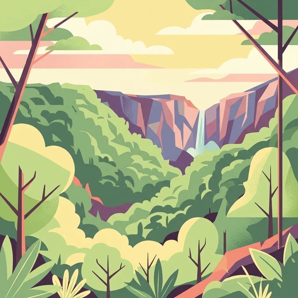 Ilustración estilizada de un valle montañoso con cascada, bosque denso y árboles