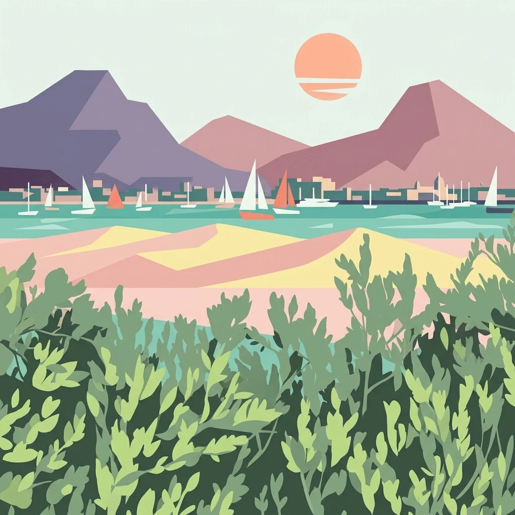 A minimalist, flat-style illustration depicting a coastal landscape with green foreground bushes, yellow sand dunes in the midground, and a calm bay filled with small sailboats, with purple-toned mountains and a pale sun in the background.