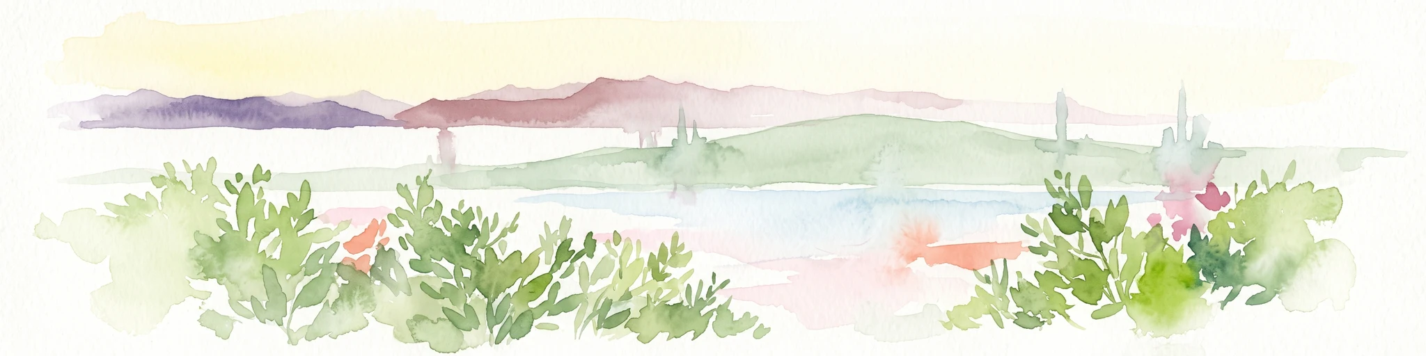 A watercolor painting showing a coastal scene with low-lying green hills in the midground, a strip of water in the foreground, and distant purple-hued mountains under a pale yellow sky.