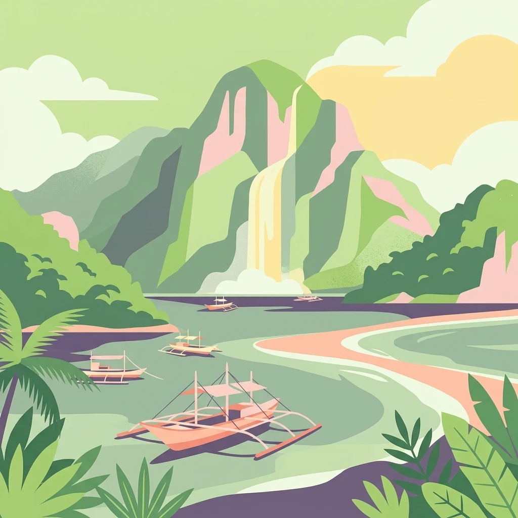 A flat-style vector illustration depicting a tropical coastal landscape with a large green mountain, a waterfall, and several traditional Filipino outrigger boats in a calm bay.