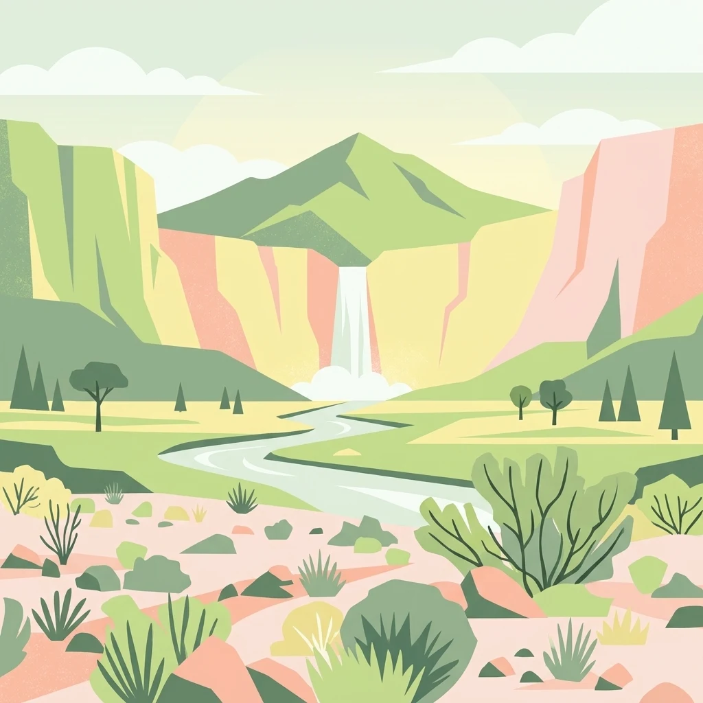 A flat-style digital illustration of a desert scene with a winding river in the foreground, leading toward a waterfall cascading from rocky, multi-colored cliffs and mountains under a soft sky.