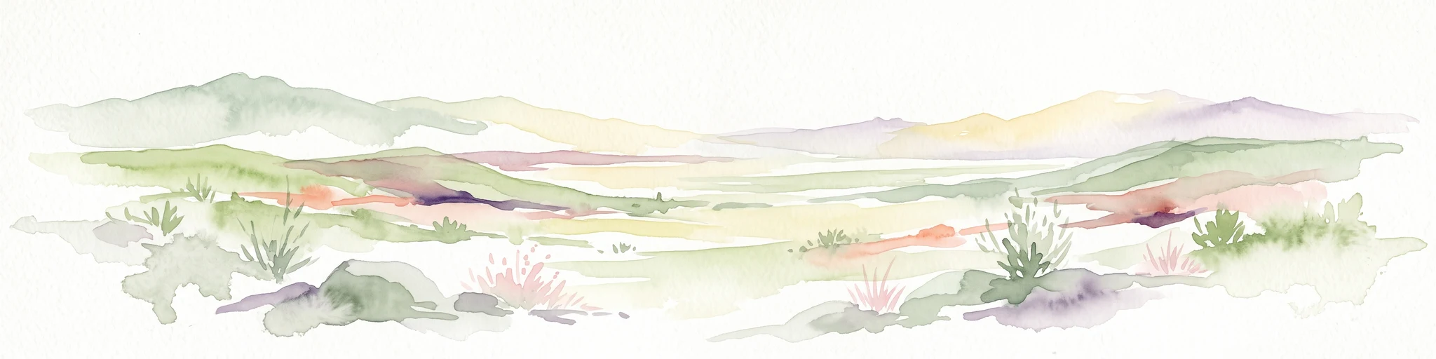 A watercolor illustration showing a soft-focused desert landscape with gentle rolling hills, sparse desert vegetation, and muted earthy tones.