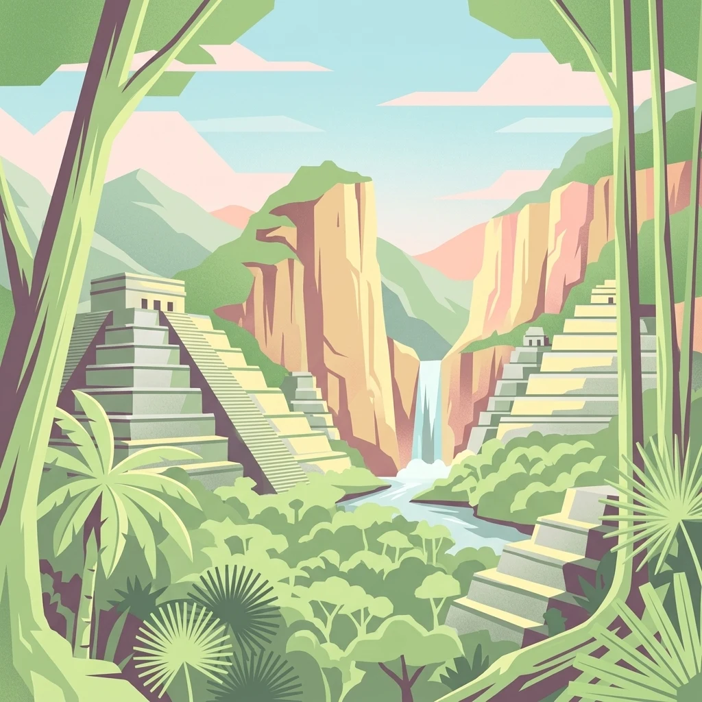 An artistic flat-style illustration of ancient Maya pyramids surrounded by tropical palm trees and jungle vegetation, with a waterfall and cliffs in the background.