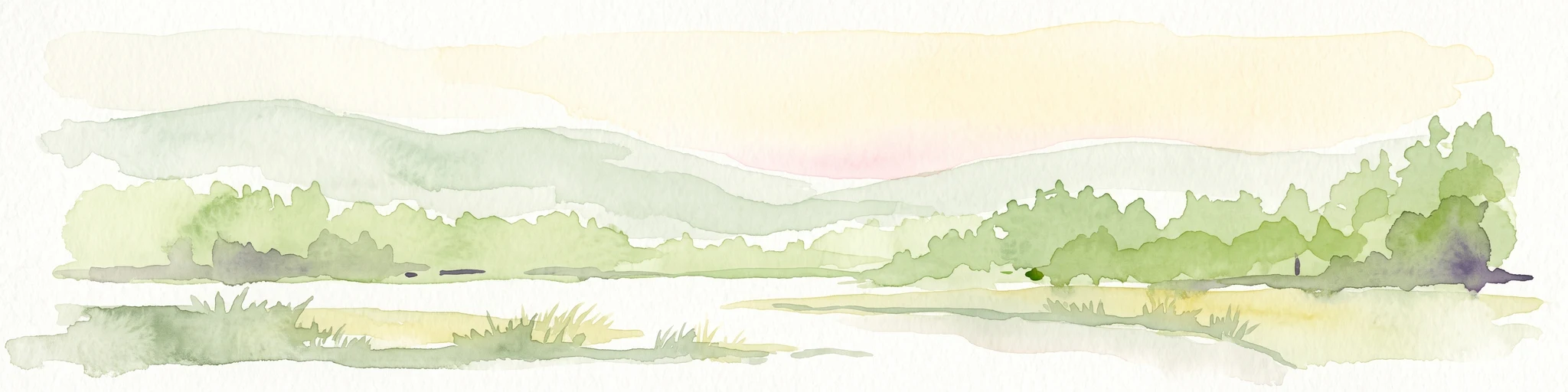 A soft watercolor painting of green rolling hills and lush vegetation, presented in a wide, panoramic style.