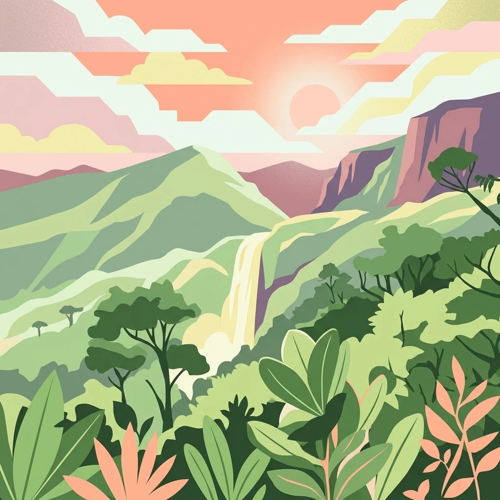 A flat-style digital illustration showing a tropical mountain landscape with a waterfall, dense forest, and a setting sun in the background.