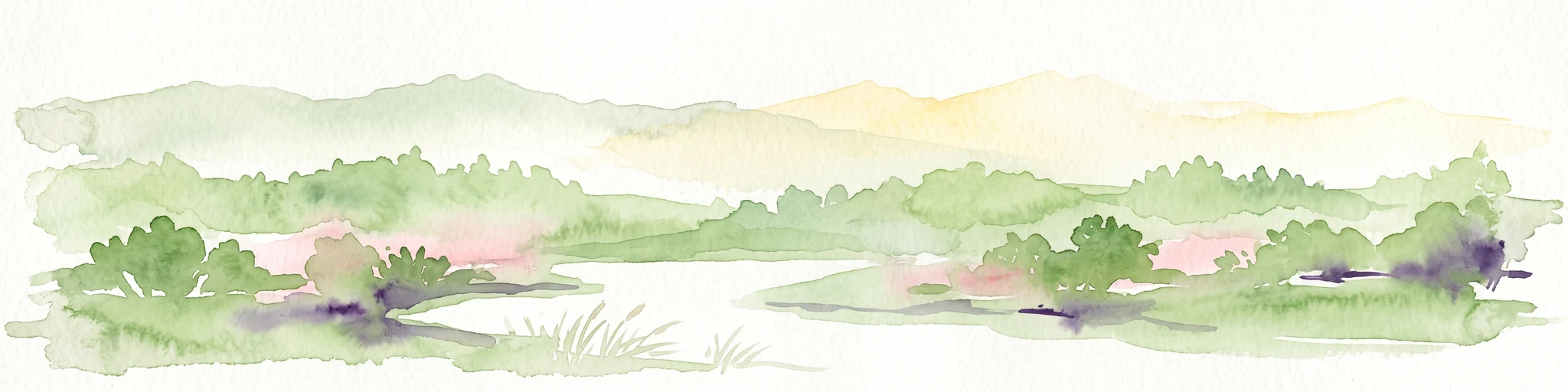 Una ilustración suave en acuarela que muestra colinas verdes onduladas y picos montañosos lejanos en tonos amarillo pálido y verde, con un fondo blanco minimalista.