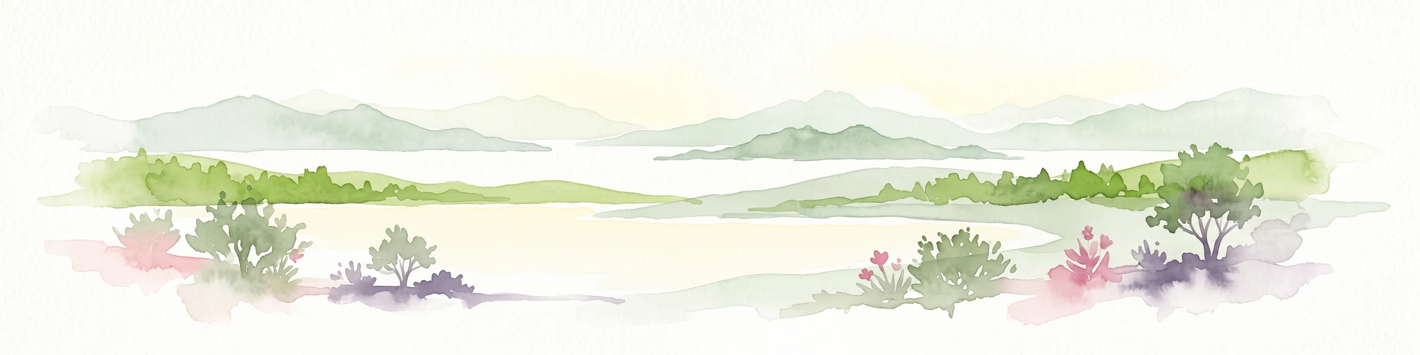 Watercolor painting of a coastal landscape featuring green rolling hills, distant landmasses, and stylized shrubs and trees in the foreground against a white background.