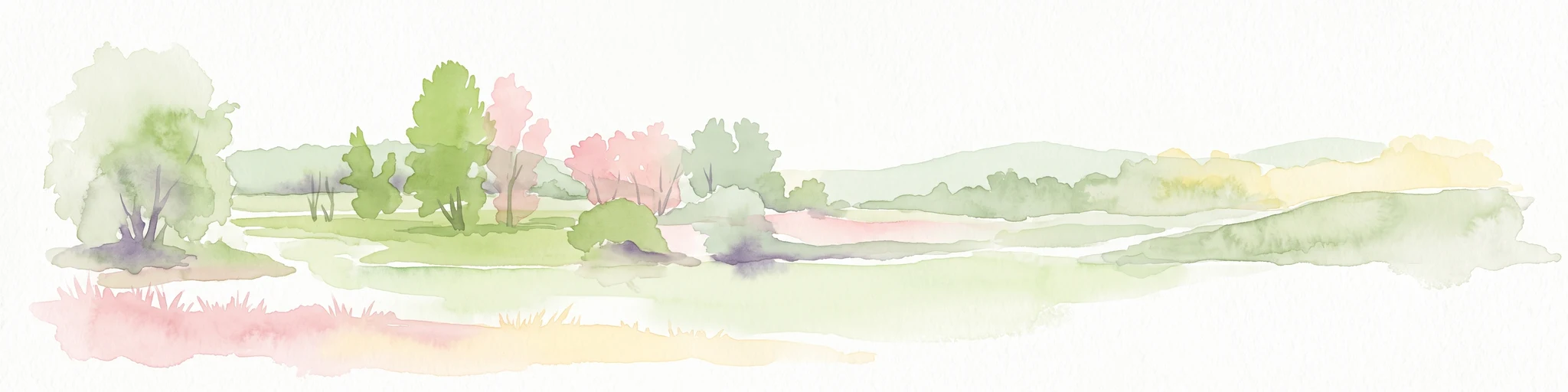 Una ilustración pálida y suave en acuarela que muestra un paisaje horizontal de árboles de verde claro, arbustos y llanuras herbáceas onduladas sobre un fondo blanco.