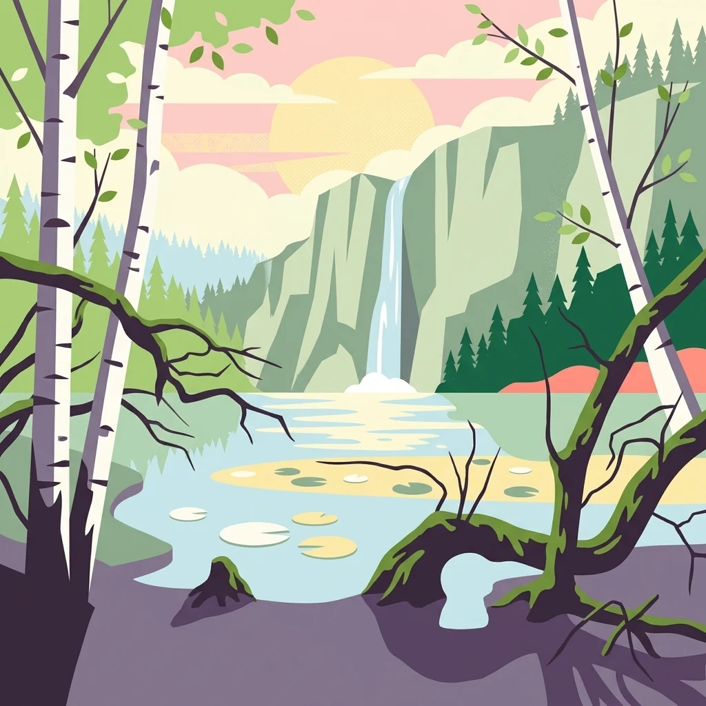 A vector-style digital illustration of a serene forest landscape featuring a waterfall cascading into a lake, with birch trees in the foreground, coniferous trees, and a pale sunset sky.