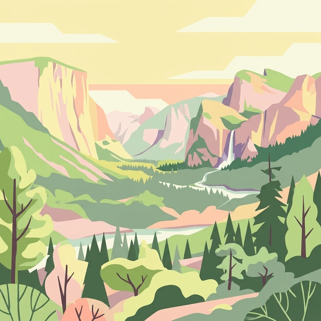 Una ilustración digital de estilo vectorial plano que muestra un valle montañoso con un río, una cascada y densos bosques de pinos bajo un cielo pálido.
